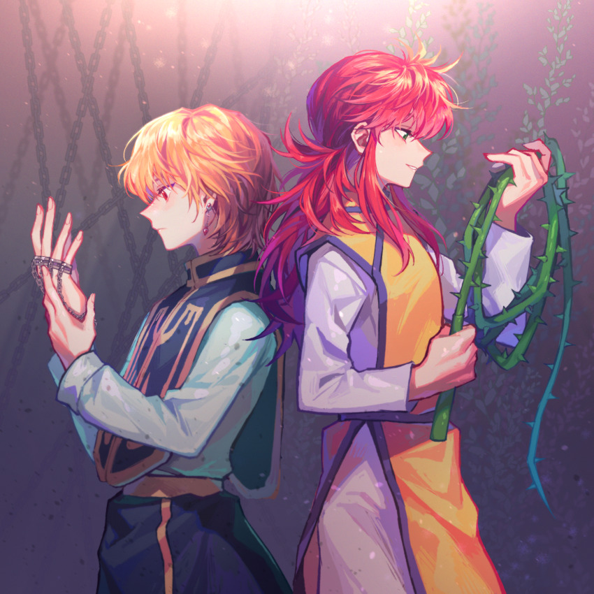 2boys, blonde_hair, chain, chinese_clothes, creator_connection, from_side, green_eyes, highres