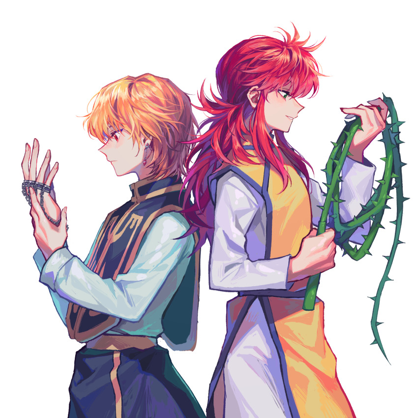 2boys, blonde_hair, chain, chinese_clothes, creator_connection, from_side, green_eyes, highres, holding, holding_weapon, hsh7955, hunter_x_hunter, kurama_(yu_yu_hakusho), kurapika, long_sleeves, male_focus, multiple_boys, red_eyes, red_hair, simple_background, tabard, trap, weapon, whip, white_background, yuu_yuu_hakusho