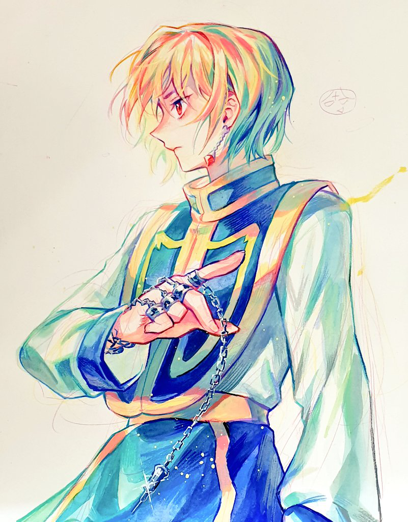 1boy, blonde_hair, chain, earrings, from_side, hand_up, hsh7955, hunter_x_hunter