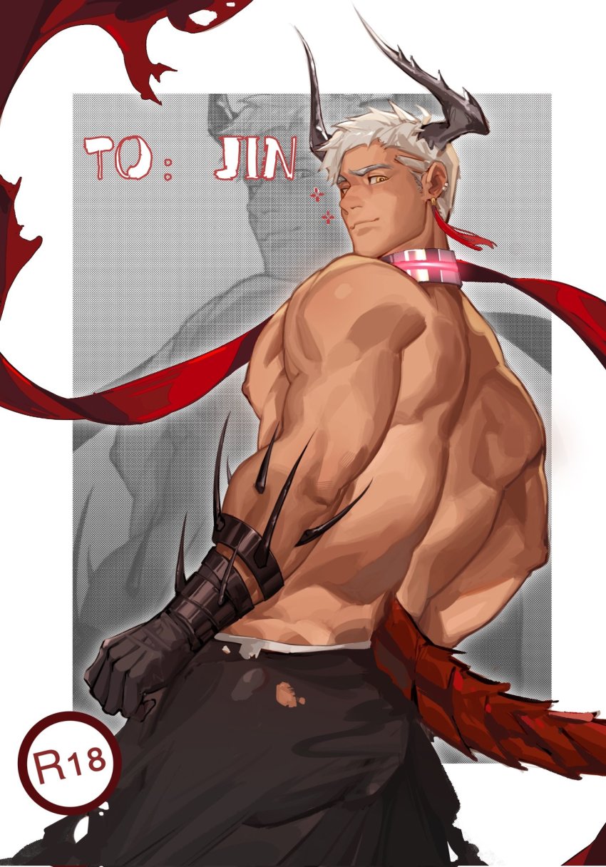 1boy, armband, ass, back, back_focus, bara, bare_back, bare_shoulders, closed_mouth, collar, earrings, eyebrows, from_behind, gift_art, highres, horns, jewelry, jiecaoxiong, large_pectorals, looking_at_viewer, looking_back, male_focus, muscular, muscular_male, nipples, original, pectorals, piercing, scarf, short_hair, shoulder_blades, sidepec, solo, spiked_hair, spiked_tail, spikes, tail, tan, topless_male, torn_clothes, torn_legwear, white_hair, yellow_eyes