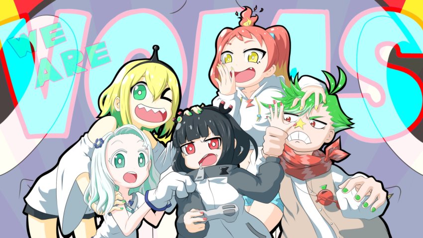 2boys, 4girls, amano_pikamee, angry, antenna_hair, bare_shoulders, beige_jacket, bird