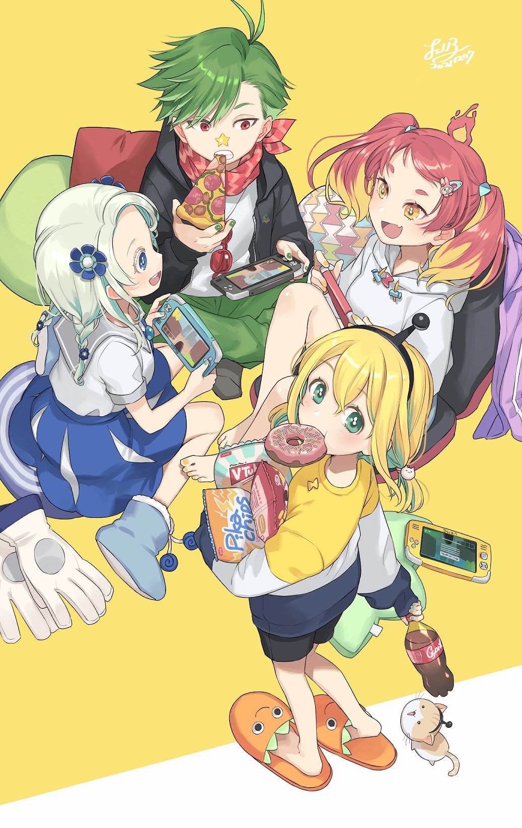 1boy, 3girls, :d, amano_pikamee, antenna_hair, bag_of_chips, barefoot, black_jacket