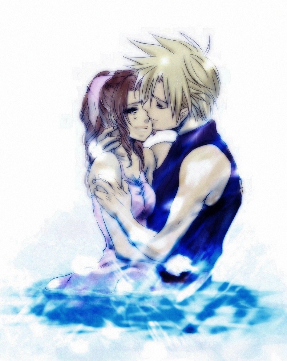 1boy, 1girl, aerith_gainsborough, bare_arms, blonde_hair, braid, braided_ponytail, brown_hair