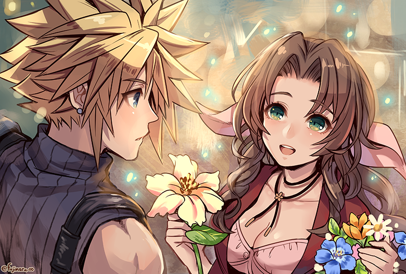 1boy, 1girl, aerith_gainsborough, blonde_hair, blue_eyes, blue_flower, blue_shirt, breasts