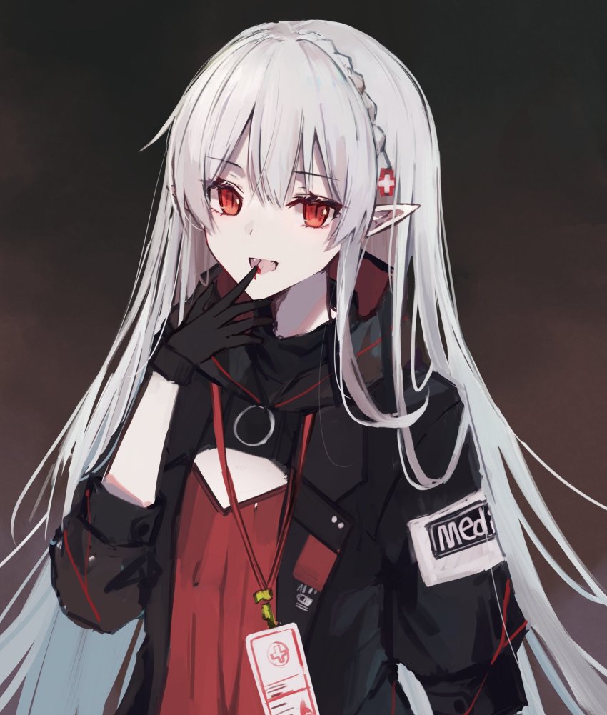 1girl, :d, arknights, black_gloves, black_jacket, blood, braid, commentary_request
