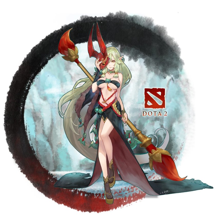 1girl, :d, bare_shoulders, breasts, brown_legwear, chinese_clothes, cleavage, dota_(series), dota_2, flip-flops, full_body, genderswap, genderswap_(mtf), green_hair, grimstroke_(dota_2), grin, highres, holding, holding_brush, holding_mask, jokanhiyou, long_hair, looking_at_viewer, mask, navel, open_mouth, pointy_ears, sandals, smile, solo, strapless, tube_top, white_background, yellow_eyes
