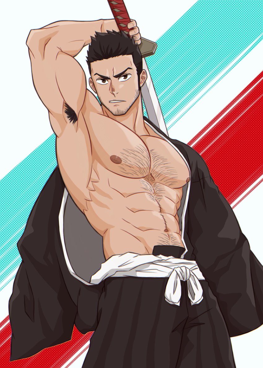 1boy, abs, armpit_hair, bara, bare_pectorals, belt, biceps, black_hair, bleach, brown_eyes, chest_hair, danzen, facial_hair, hairy, hakama, highres, japanese_clothes, katana, kimono, kurosaki_isshin, large_pectorals, long_sideburns, long_sleeves, looking_at_viewer, male_focus, mature_male, muscular, muscular_arms, muscular_male, navel, navel_hair, nipples, pectorals, serious, shinigami, sideburns, spiked_hair, stubble, sword, weapon