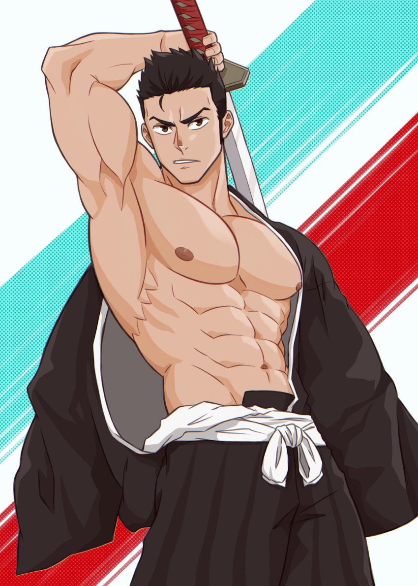 1boy, abs, bara, bare_pectorals, belt, biceps, black_hair, bleach, brown_eyes, danzen, hakama, highres, japanese_clothes, katana, kimono, kurosaki_isshin, large_pectorals, long_sideburns, long_sleeves, looking_at_viewer, male_focus, mature_male, muscular, muscular_arms, muscular_male, navel, nipples, pectorals, serious, shinigami, sideburns, spiked_hair, sword, weapon
