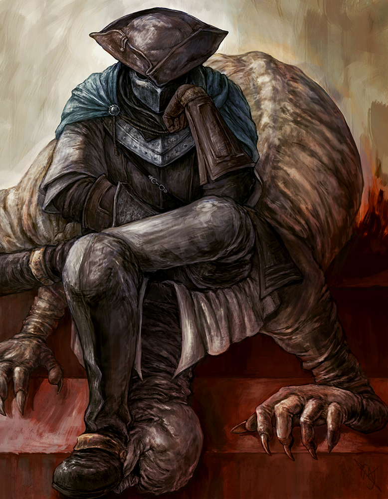 1boy, 1other, ajaco_a, covered_face, crossed_legs, dark_souls_(series), dark_souls_iii, hand_on_own_face
