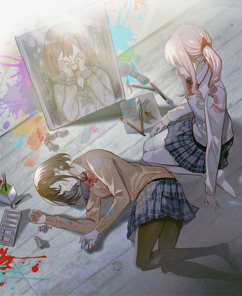 1girl, 1other, akiyama_mizuki, ambiguous_gender, arm_at_side, arm_support, black_pantyhose, blue_skirt, bow, bowtie, braid, brown_cardigan, brown_hair, canvas_(object), cardigan, chromatic_aberration, closed_eyes, closed_mouth, diagonal-striped_bow, diagonal-striped_bowtie, diagonal-striped_clothes, diagonal-striped_ribbon, drill_hair, expressionless, floor, from_above, hair_behind_ear, hair_bow, hair_over_eyes, hair_ribbon, highres, kamiyama_high_school_uniform_(project_sekai), light_smile, lying, manami_(aph-23), neck_ribbon, no_shoes, on_floor, on_side, paint, paint_palette, paint_splatter, paint_splatter_on_face, paint_tube, paintbrush, pantyhose, paper, parted_lips, pink_hair, plaid_clothes, plaid_skirt, pleated_skirt, portrait_(object), profile, project_sekai, red_bow, red_ribbon, ribbon, school_uniform, seiza, shadow, shinonome_ena, short_hair, side_drill, sidelocks, sitting, skirt, striped_bow, striped_bowtie, striped_clothes, striped_ribbon, thighhighs, wavy_hair, white_cardigan, white_ribbon, white_thighhighs, wooden_floor, zettai_ryouiki