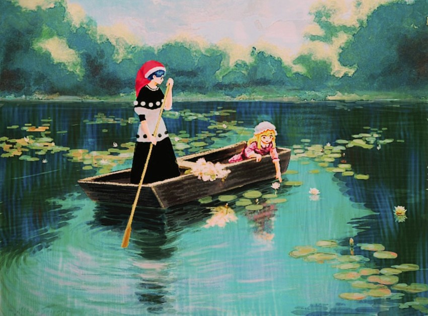 2girls, blonde_hair, blue_eyes, blue_hair, boat, breasts, collared_dress, doremy_sweet