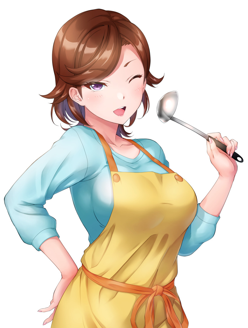 1girl, absurdres, apron, breasts, brown_hair, chishio_(onoderayui), fingernails, hand_on_own_hip, highres, holding, holding_ladle, ladle, love_live!, love_live!_superstar!!, mature_female, one_eye_closed, open_mouth, purple_eyes, shibuya_kanon's_mother, simple_background, solo, white_background, wink, yellow_apron