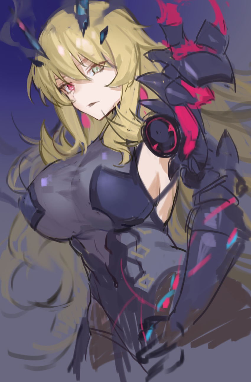 1girl, absurdres, armor, bare_shoulders, black_dress, blonde_hair, breasts, brown_pantyhose