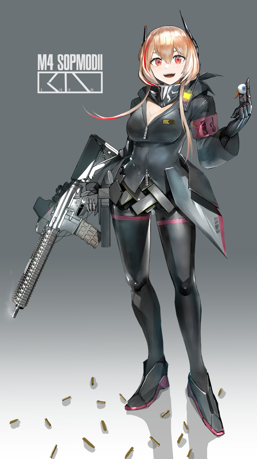 1girl, absurdres, assault_rifle, black_jacket, blonde_hair, breasts, eyeball, full_body, girls'_frontline, gun, highres, holding, holding_gun, holding_weapon, jacket, long_hair, long_sleeves, m4_carbine, m4_sopmod_ii_(girls'_frontline), mechanical_arms, medium_breasts, multicolored_hair, red_eyes, red_hair, rifle, single_mechanical_arm, solo, standing, streaked_hair, toiro_(mononz3), weapon