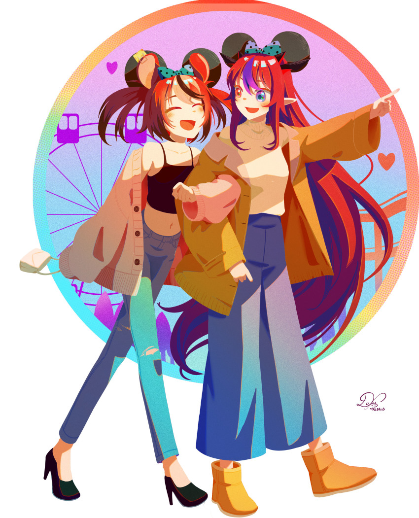 2girls, :d, ^_^, absurdres, alternate_costume, animal_ears, bag, black_camisole