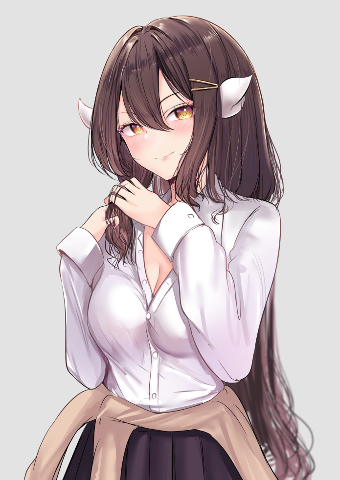 1girl, alternate_costume, alternate_hairstyle, azur_lane, blush, breasts, brown_hair, casual