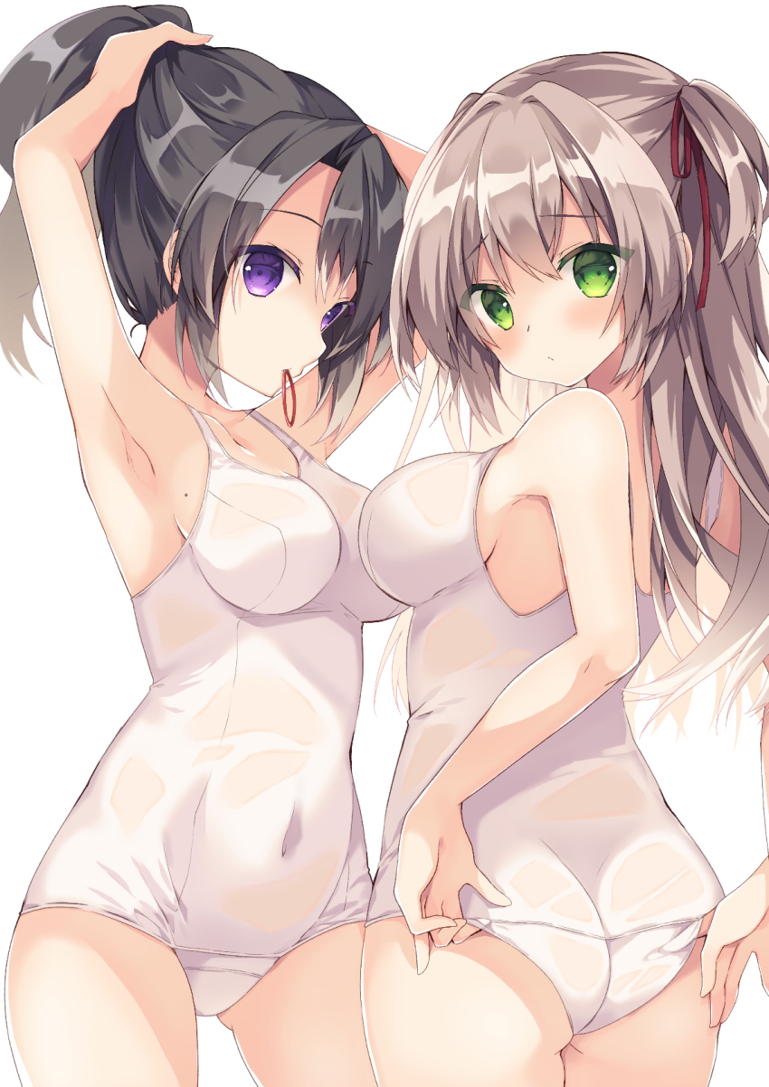 2girls, adjusting_clothes, adjusting_swimsuit, ass, barre, black_hair, blush, breasts