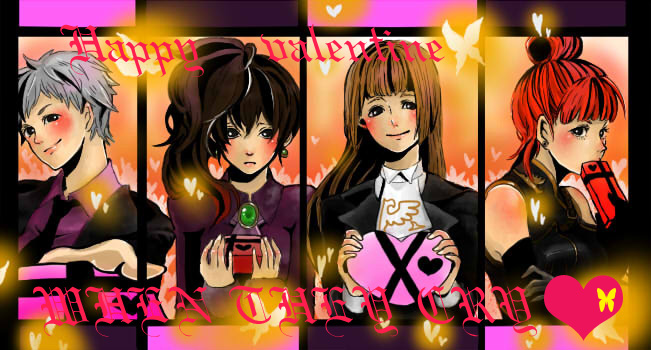 4girls, bad_id, bad_pixiv_id, blush, brown_hair, gloves, happy_valentine, heart, long_hair, loverusu, multiple_girls, orange_hair, ponytail, short_hair, silver_hair, smile, umineko_no_naku_koro_ni, ushiromiya_eva, ushiromiya_kyrie, ushiromiya_natsuhi, ushiromiya_rosa, valentine