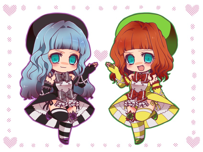 07th_expansion, 1boy, 1girl, aqua_eyes, asymmetrical_legwear, beret, blue_hair, bow