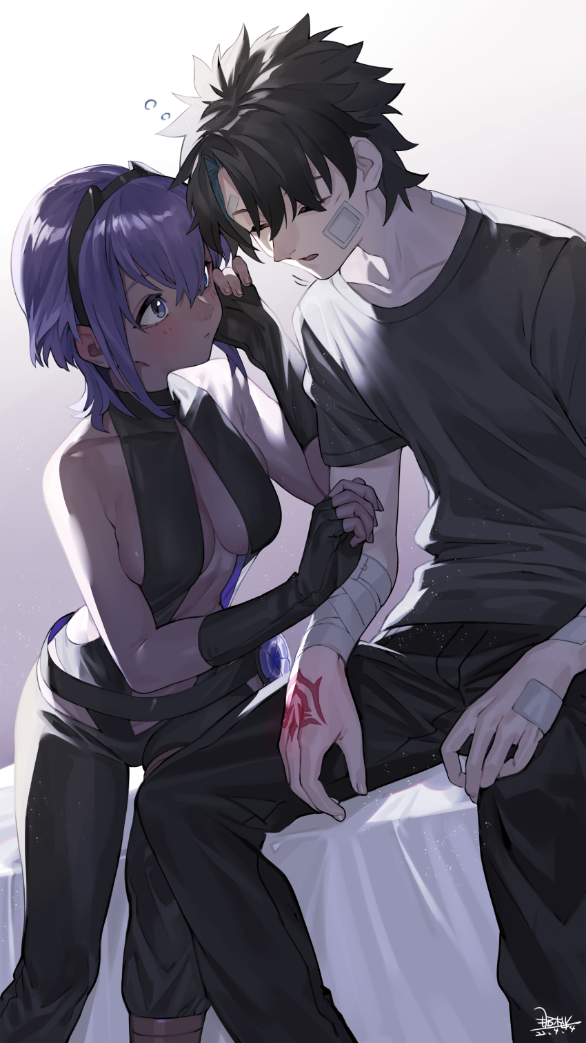 1boy, 1girl, absurdres, bandaged_arm, bandages, bare_shoulders, black_gloves, black_hair