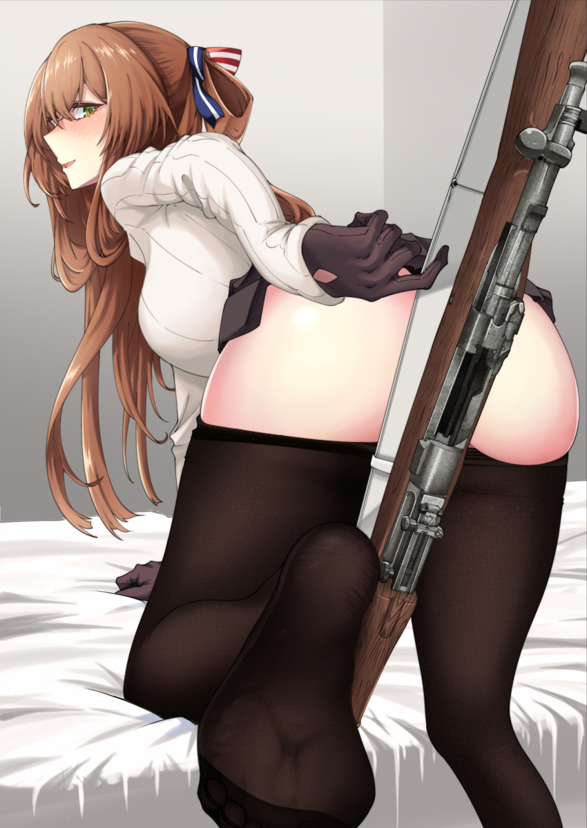 1girl, ass, battle_rifle, bed, black_gloves, black_pantyhose, black_skirt, blush