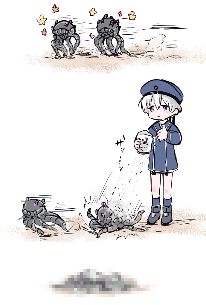 1girl, abyssal_ship, blue_dress, blue_eyes, censored, clothes_writing, dress, enemy_naval_mine_(kancolle), hat, kantai_collection, karin_bluez3, mosaic_censoring, sailor_dress, sailor_hat, short_hair, silver_hair, simple_background, standing, teeth, tentacles, throwing, throwing_salt, white_background, z1_leberecht_maass_(kancolle)