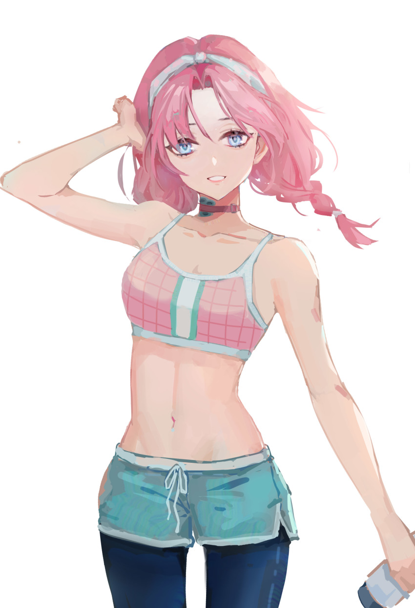 1girl, absurdres, aquarzaaa, arknights, bare_arms, bare_shoulders, blue_eyes, blue_pants, blue_poison_(arknights), blue_poison_(shoal_beat)_(arknights), blue_shorts, braid, breasts, choker, collarbone, commentary, crop_top, grin, hairband, hand_in_own_hair, highres, holding, leggings, leggings_under_shorts, long_hair, looking_at_viewer, midriff, navel, pants, pantyhose, pink_choker, pink_hair, short_shorts, shorts, simple_background, small_breasts, smile, solo, spaghetti_strap, sports_bra, stomach, white_background