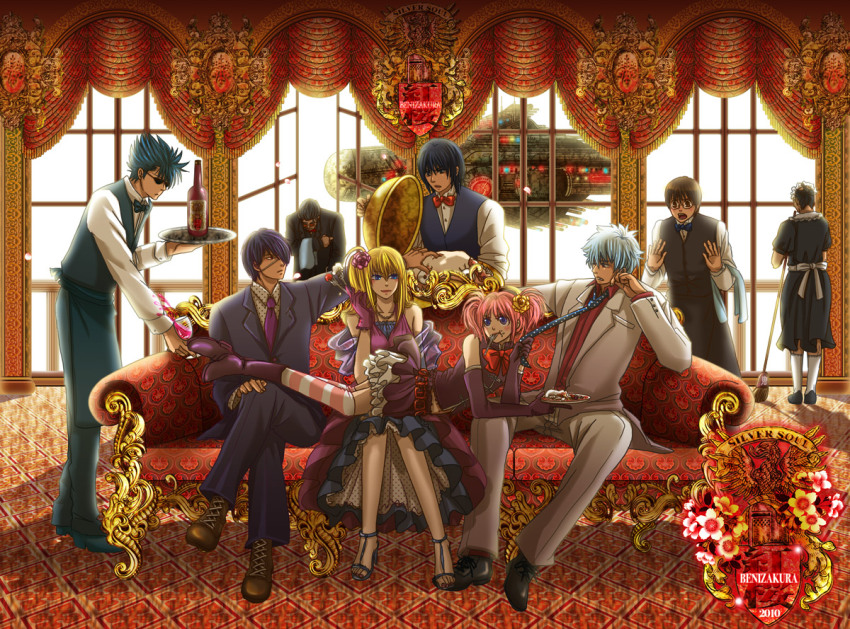 2girls, 6+boys, alcohol, blonde_hair, blue_eyes, blue_hair, bottle, brown_eyes, butler, cake, couch, dress, eating, elizabeth_(gintama), eriyama, eyepatch, flower, food, fork, formal_clothes, gintama, glasses, hair_ornament, hairpin, hengyo, kagura_(gintama), katsura, katsura_kotarou, kawakami_bansai, kijima_matako, legs, long_hair, lying, maid, male_focus, multiple_boys, multiple_girls, necktie, nizou_okada, okada_nizou, pastry, pink_hair, plant, purple_hair, ribbon, rose, sakata_gintoki, shimura_shinpachi, short_hair, sitting, spacecraft, suit, takasugi_shinsuke, takechi_henpeita, thighhighs, tray, twintails, vines, waiter, white_hair, window, wine