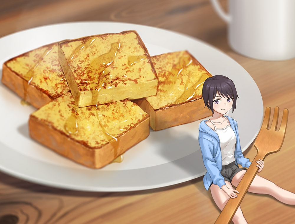 1girl, black_hair, camisole, food, fork, french_toast, hashi, holding, holding_fork, honey, hood, hoodie, mini_person, minigirl, original, purple_eyes, short_hair, short_shorts, shorts, sitting, smile, solo, wooden_fork