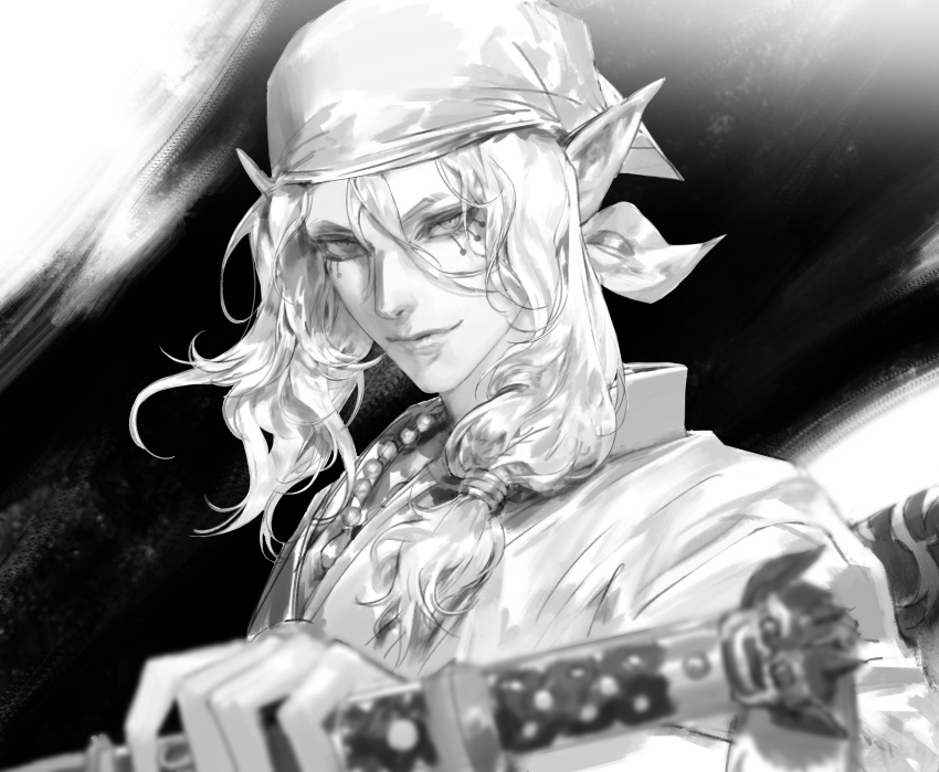 1boy, absurdres, bead_necklace, beads, black_background, blurry, blurry_foreground, facepaint