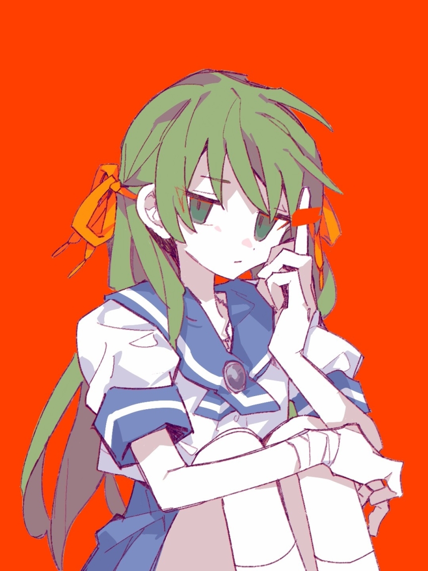 1girl, blue_sailor_collar, blue_skirt, closed_mouth, expressionless, green_eyes, green_hair, hair_ribbon