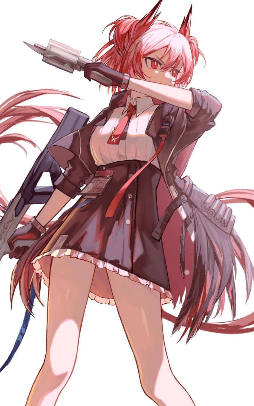 1girl, arknights, bare_legs, bird_girl, bird_tail, black_gloves, black_jacket, black_skirt