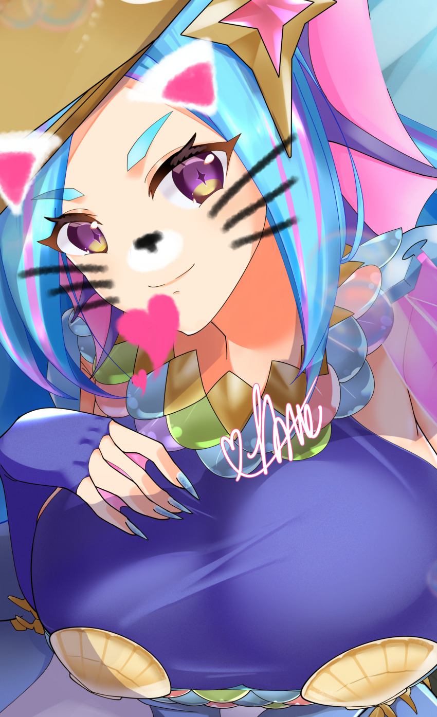 1girl, absurdres, amabie_(yu-gi-oh!), blue_dress, blue_gloves, blue_hair, blue_nails, breasts