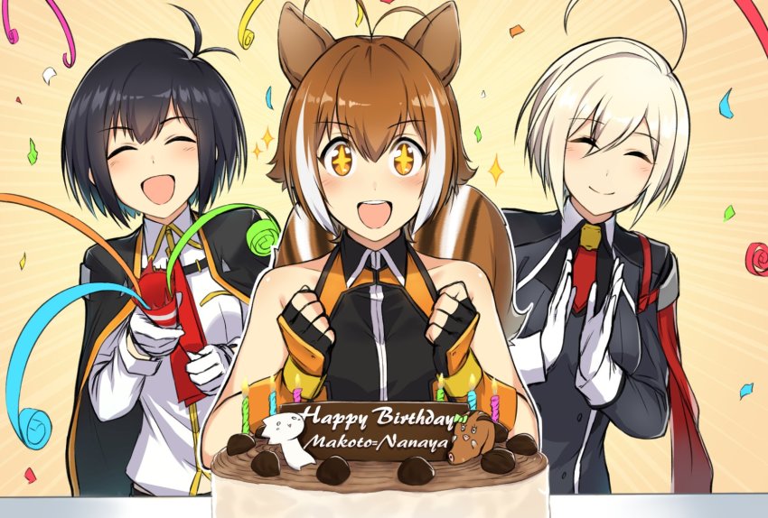 animal_ears, black_hair, blazblue, blazblue_alternative:_dark_war, brown_hair, cake, ciel_sulfur, fingerless_gloves