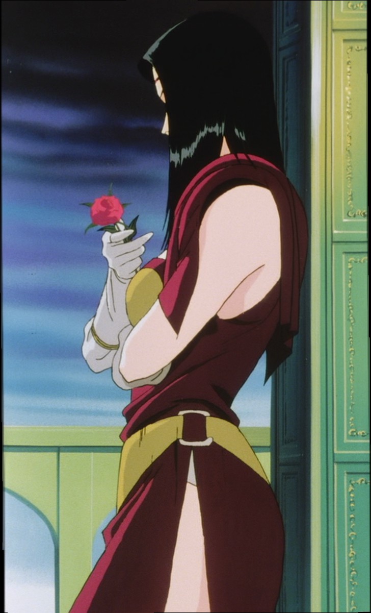 1girl, artstyle, black_hair, character_request, flower, gloves, highres, long_hair, long_skirt, retro, rose, skirt, stitched, tagme, tenkuu_senki_shurato, third-party_edit, trailoh