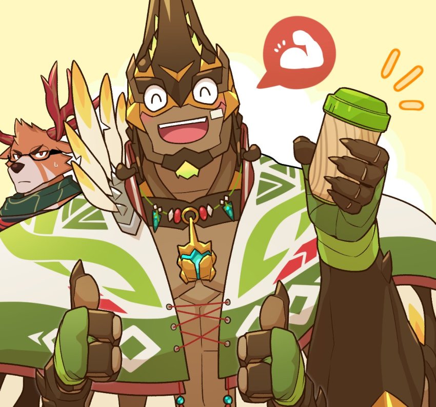 2boys, abs, another_eidos-r, arthropod_boy, bandaid, bandaid_on_face, beetle_boy, blush