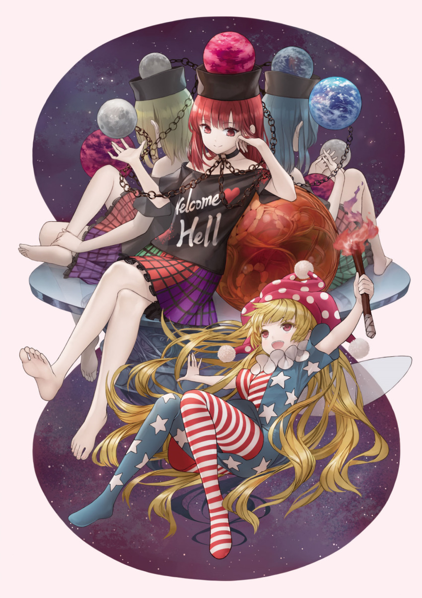 4girls, :d, american_flag_dress, american_flag_legwear, barefoot, black_choker, black_shirt, blonde_hair