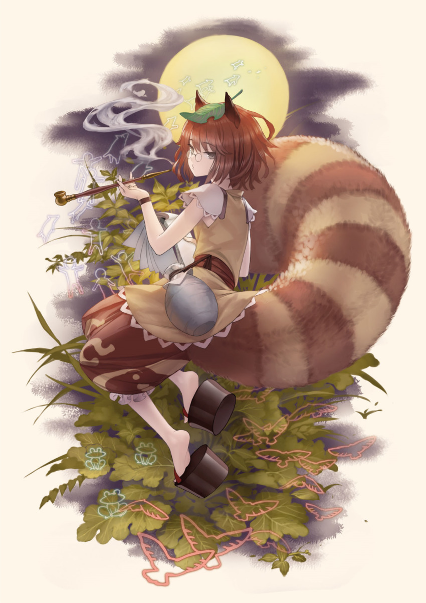 1girl, animal_ears, blowing_smoke, brown_eyes, brown_hair, brown_skirt, from_side, full_body