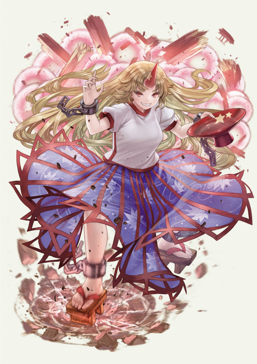 1girl, alcohol, blonde_hair, blue_skirt, broken, crack, cuffs, cup