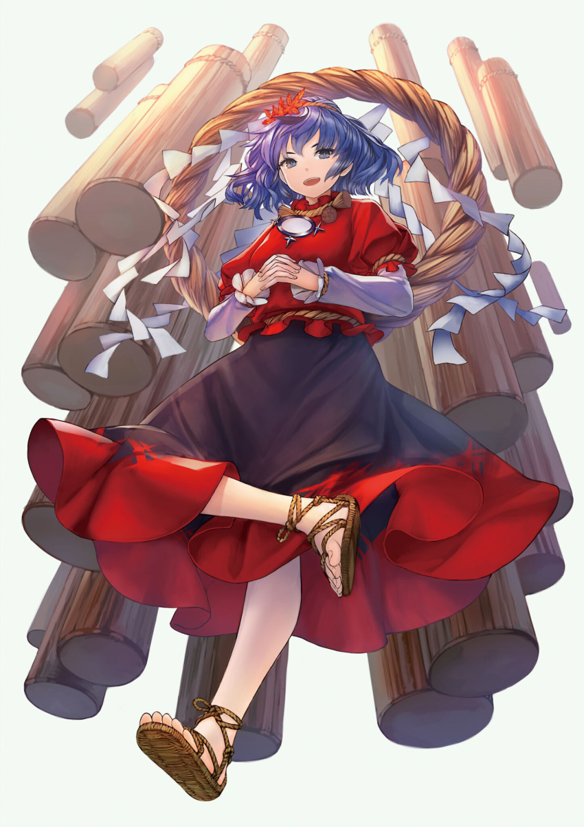 1girl, :d, black_skirt, blue_eyes, blue_hair, eyebrows_hidden_by_hair, full_body, grey_background, hair_ornament, highres, interlocked_fingers, leaf, leaf_hair_ornament, long_sleeves, looking_at_viewer, maple_leaf, masakichi_(mmw), official_art, onbashira, open_mouth, own_hands_together, pillar, puffy_short_sleeves, puffy_sleeves, red_shirt, sandals, shide, shirt, short_hair, short_sleeves, simple_background, skirt, smile, solo, strange_creators_of_outer_world, teeth, third-party_source, toenails, touhou, upper_teeth_only, white_sleeves, yasaka_kanako, zouri