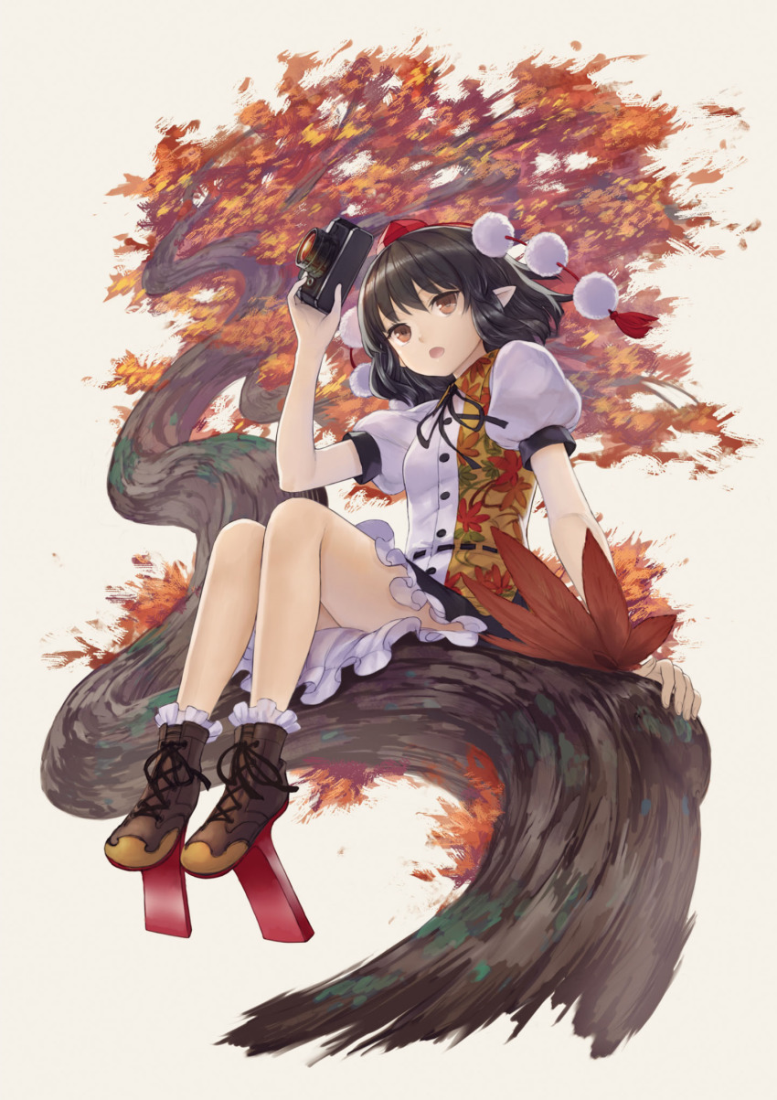 1girl, :o, autumn_leaves, black_hair, black_ribbon, black_skirt, brown_eyes, brown_footwear
