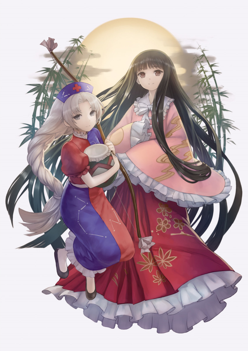 2girls, bamboo, black_footwear, black_hair, blue_dress, bow, bow_(weapon), bowtie