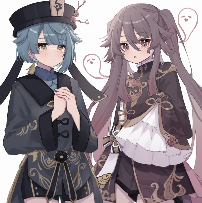 1boy, 1girl, absurdres, blue_hair, brown_hair, colored_tips, cosplay, genshin_impact, ghost, highres, hu_tao_(genshin_impact), hu_tao_(genshin_impact)_(cosplay), multicolored_hair, red_eyes, red_hair, roku_6, twintails, white_background, xingqiu_(genshin_impact), xingqiu_(genshin_impact)_(cosplay), yellow_eyes