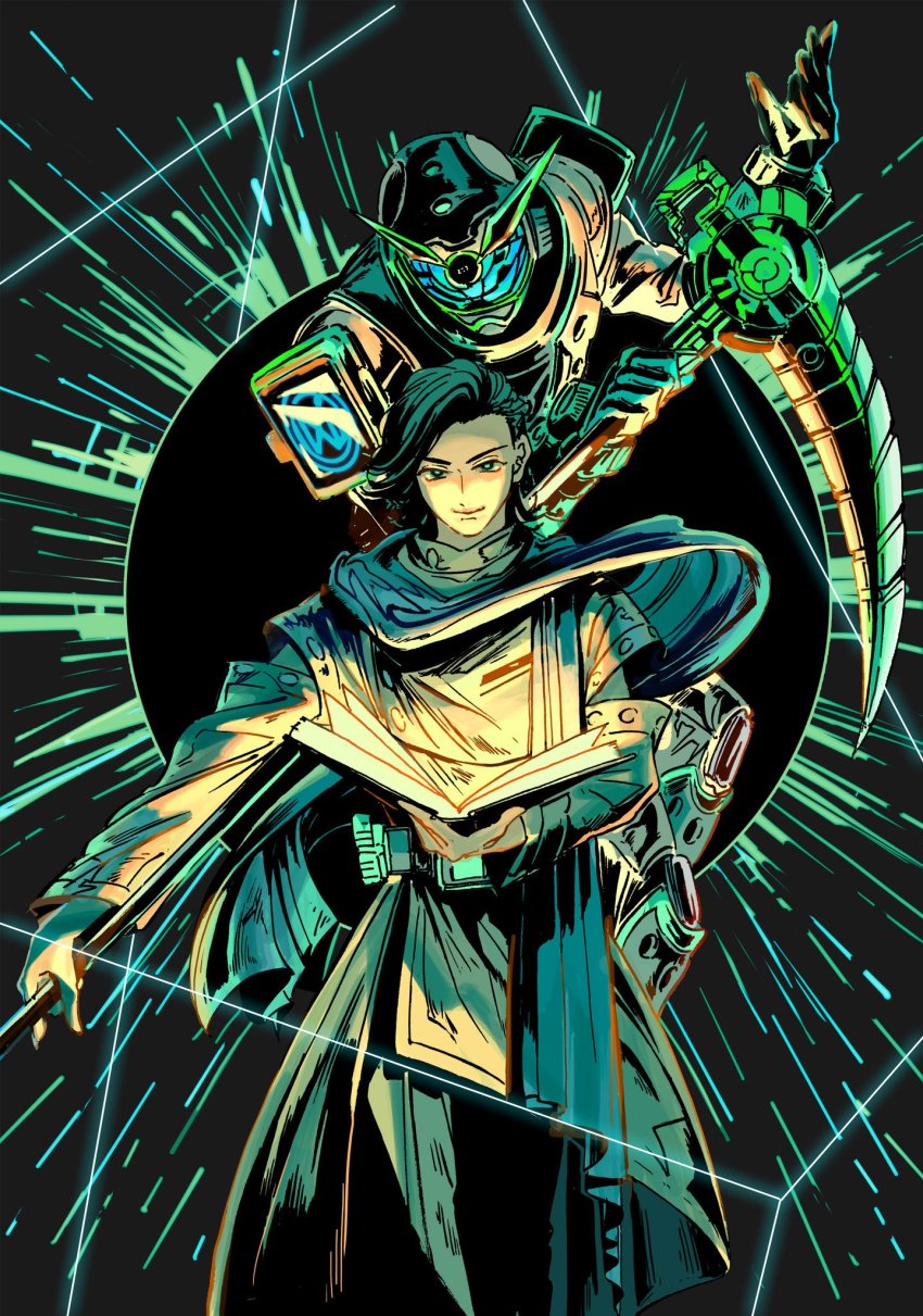 2boys, beyondriver, blue_eyes, book, clock_hands, dual_persona, futuring_shinobi, glowing