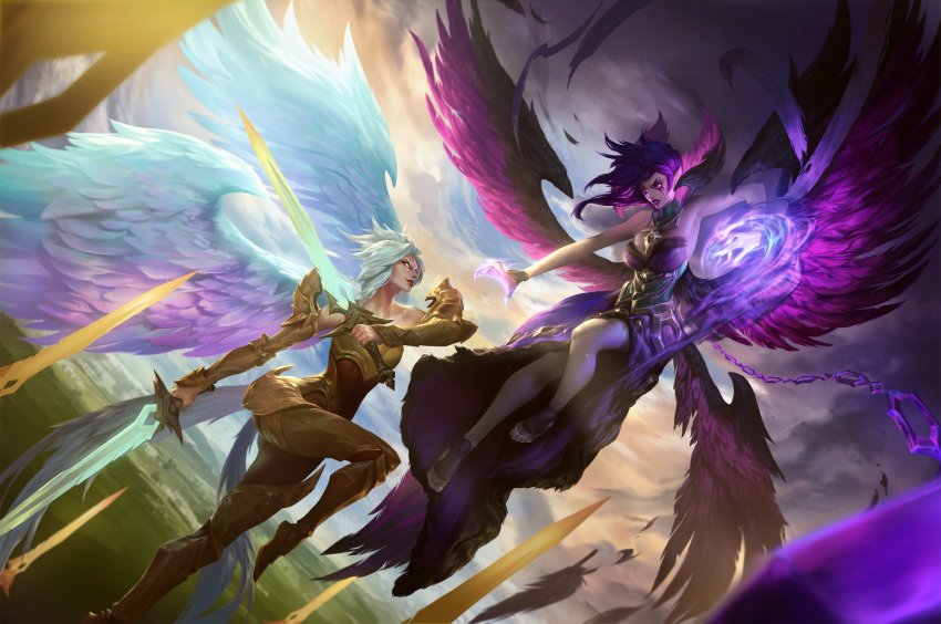 2girls, angel, angel_wings, armor, blakebyun, bracelet, breasts, chain, chest_plate, cleavage, cloud, cloudy_sky, collar, dress, dual_wielding, feathers, fighting, fighting_stance, floating, gauntlets, glowing, glowing_hand, highres, holding, jewelry, kayle_(league_of_legends), landscape, league_of_legends, leg_armor, light, looking_at_another, morgana_(league_of_legends), multiple_girls, necklace, official_art, purple_eyes, purple_hair, sky, smile, sunset, sword, tan, weapon, white_hair, wings, yellow_eyes