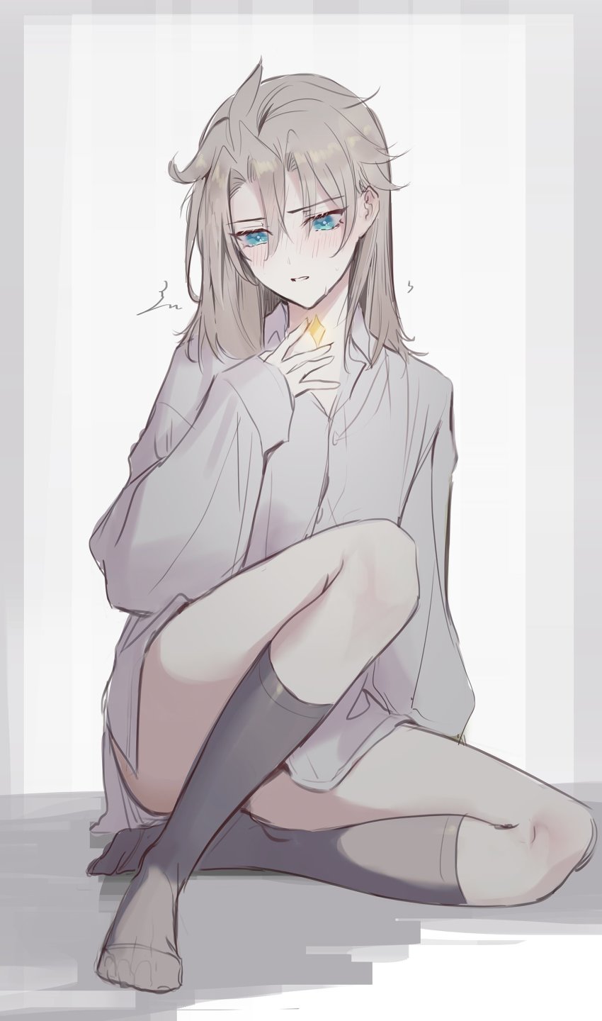 0jae, 1boy, absurdres, albedo_(genshin_impact), alternate_costume, aqua_eyes, black_socks, blush, bottomless, genshin_impact, grey_hair, grey_shirt, hair_between_eyes, highres, kneehighs, long_sleeves, male_focus, parted_lips, scar, scar_on_neck, shirt, simple_background, sitting, socks, solo, sweat, trap