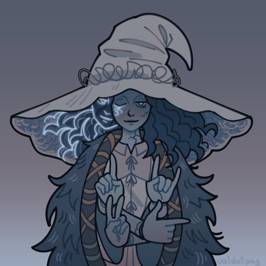 1girl, \m/, blue_hair, blue_skin, cloak, collared_shirt, colored_skin, cracked_skin, elden_ring, extra_arms, extra_faces, fur_cloak, gradient_background, grey_background, hat, highres, loss_(meme), meme, one_eye_closed, pointing, ranni_the_witch, shirt, smile, solo, valdotpng, witch_hat
