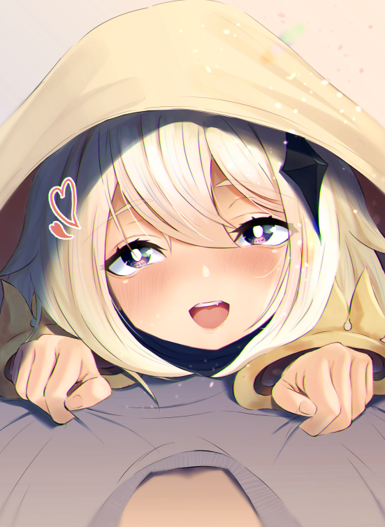 1boy, 1girl, black_eyes, blush, commentary_request, genshin_impact, girl_on_top, hair_ornament, heart, looking_at_viewer, lying, mizuha_(pixiv56938668), open_mouth, paimon_(genshin_impact), pov, shirt_hold, under_covers, white_hair