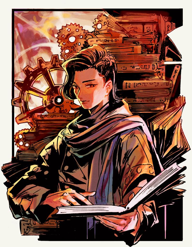 1boy, black_hair, book, bookshelf, brown_jacket, clockwork, gears, jacket