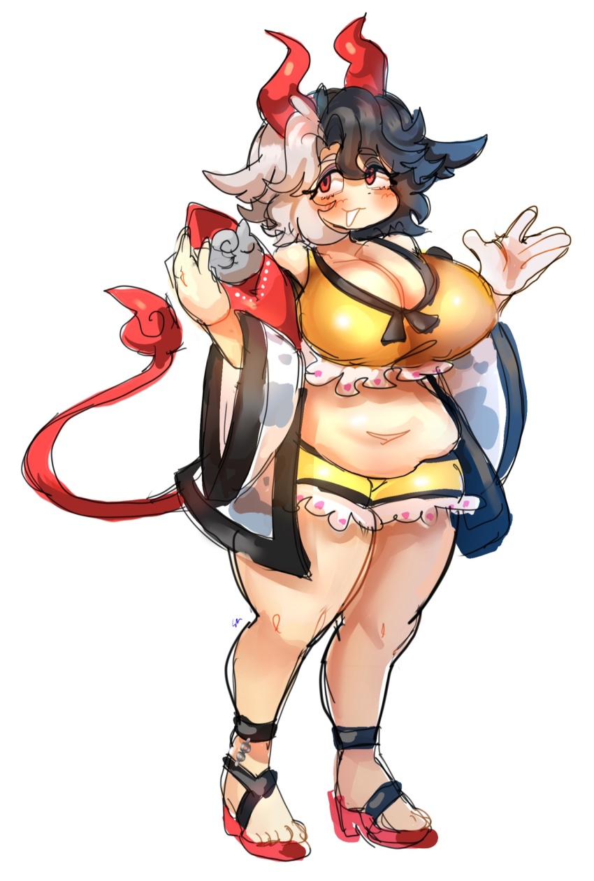 1girl, animal_ears, animal_print, black_hair, blush, breasts, cleavage, cow_ears